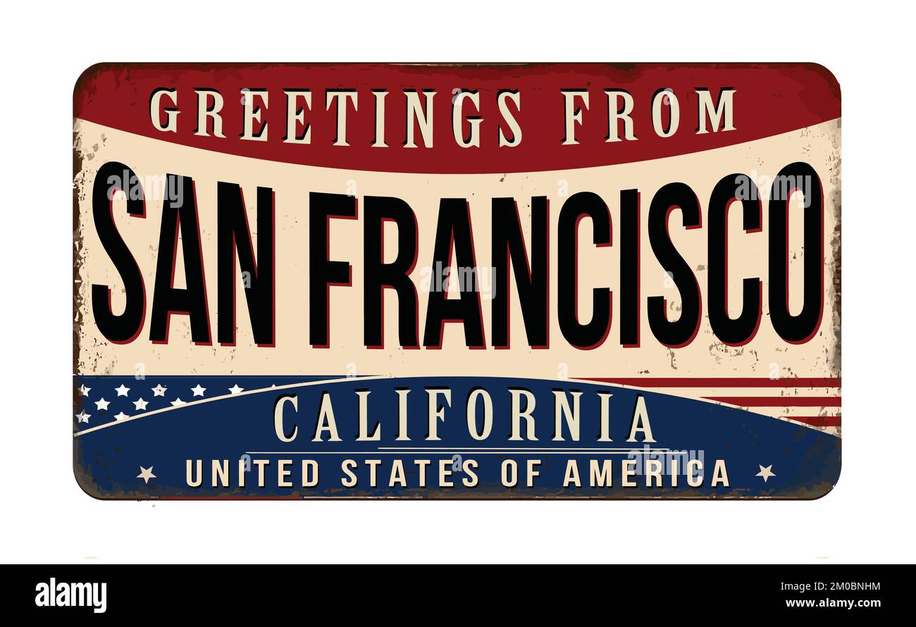 Grußzeichen aus altem rostigem Metall in San Francisco auf weißem Hintergrund, Vektorbild Stock Vektor