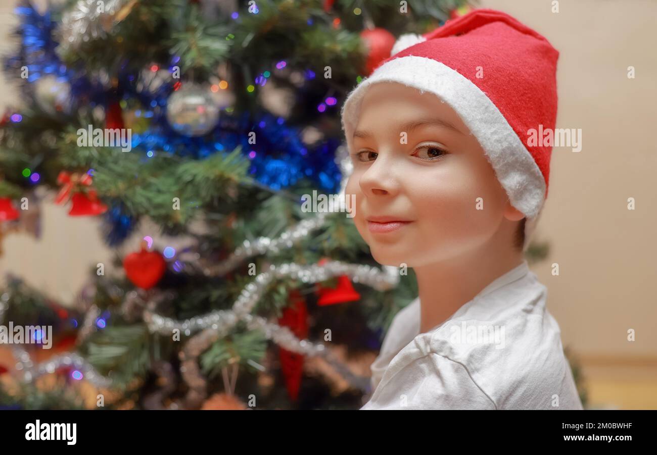 Porträt eines Teenagers mit Weihnachtsmann-Hut zu Hause Stockfoto