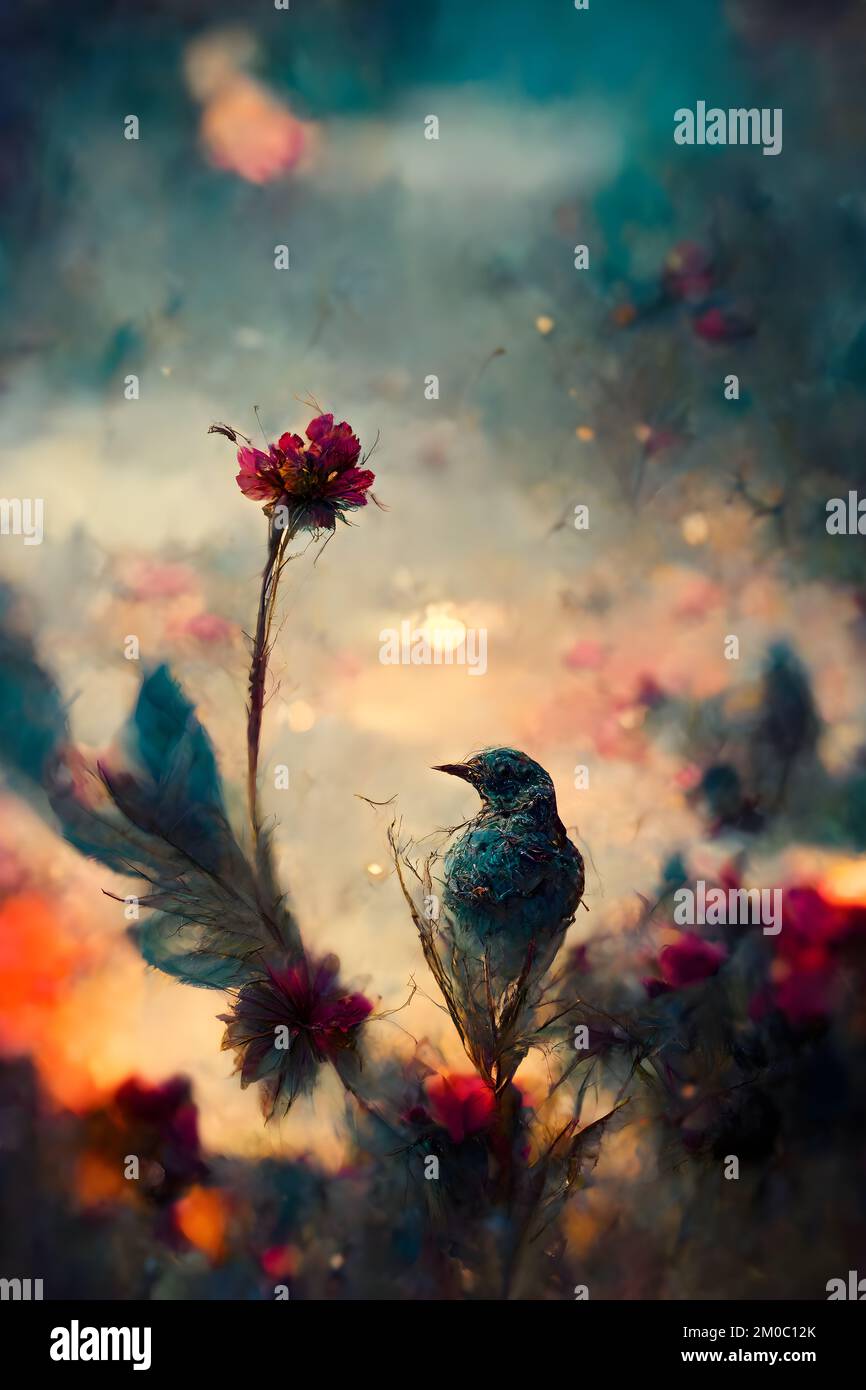 Zarte Malerei mit einem Vogel, der auf den Blumen landet. Pastelltöne. Unscharfer Hintergrund. Stockfoto
