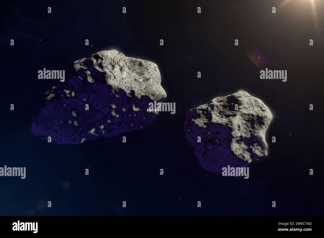 Asteroiden oder Meteoriten fliegen im Weltraum, vor dem Hintergrund von Nebeln und Sternen. Science-Fiction-Kunst. Von der NASA bereitgestellte Elemente. Stockfoto