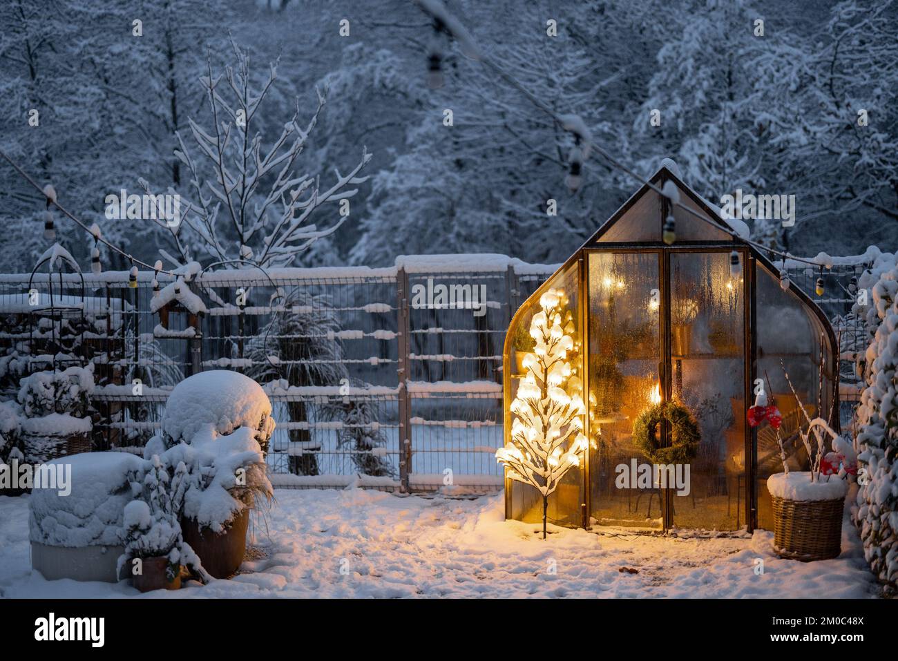 Verschneiter Hof mit Gewächshaus und glühendem Baumgraland Stockfoto