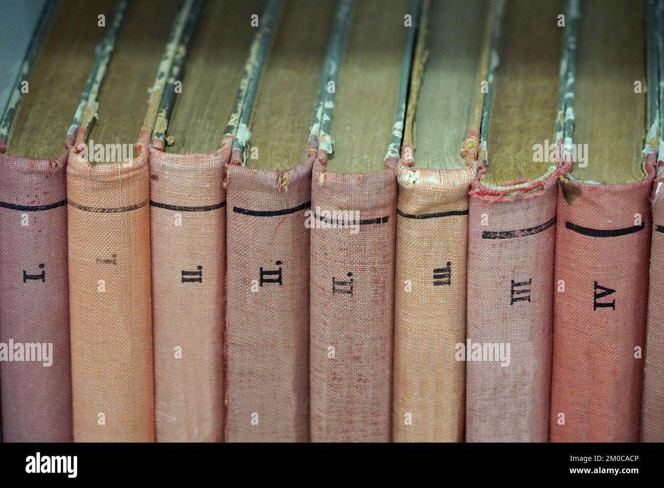 Einband alter antiker Bücher, gebunden mit Stoff und Volumenzahlen auf der Wirbelsäule Stockfoto