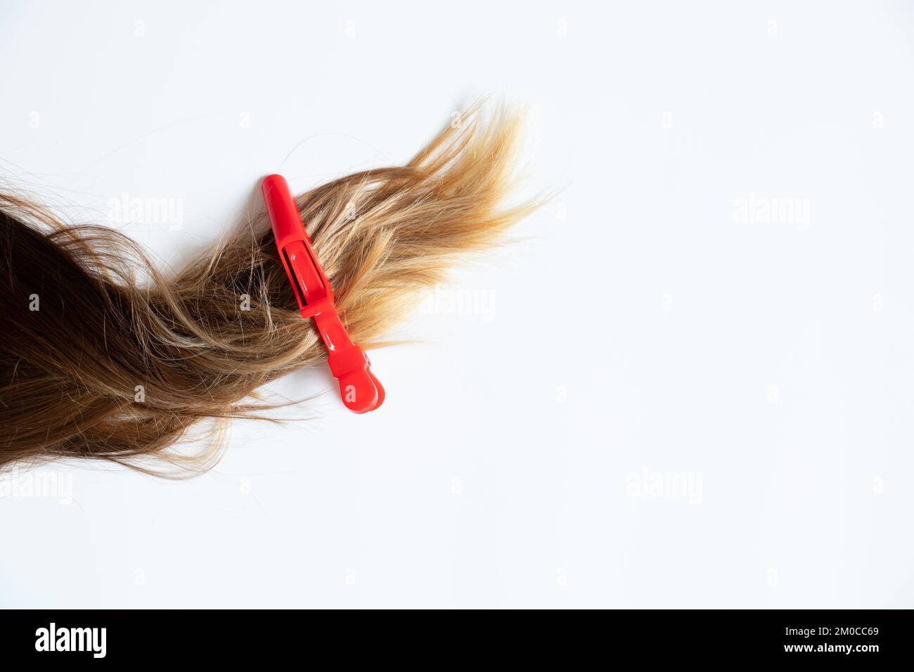 Festgeklebte weibliche Haare liegen auf weißem Hintergrund, ein Clip am Haar, ein Friseur Stockfoto