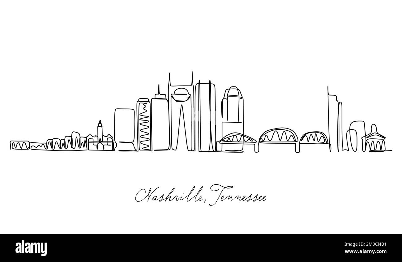 Eine durchgehende Linie, die die Skyline von Nashville, Tennessee, einzeichnet. Wunderschönes Wahrzeichen. Poster Weltlandschaftstourismus Reise Urlaub. Bearbeitbares, elegantes ST Stock Vektor