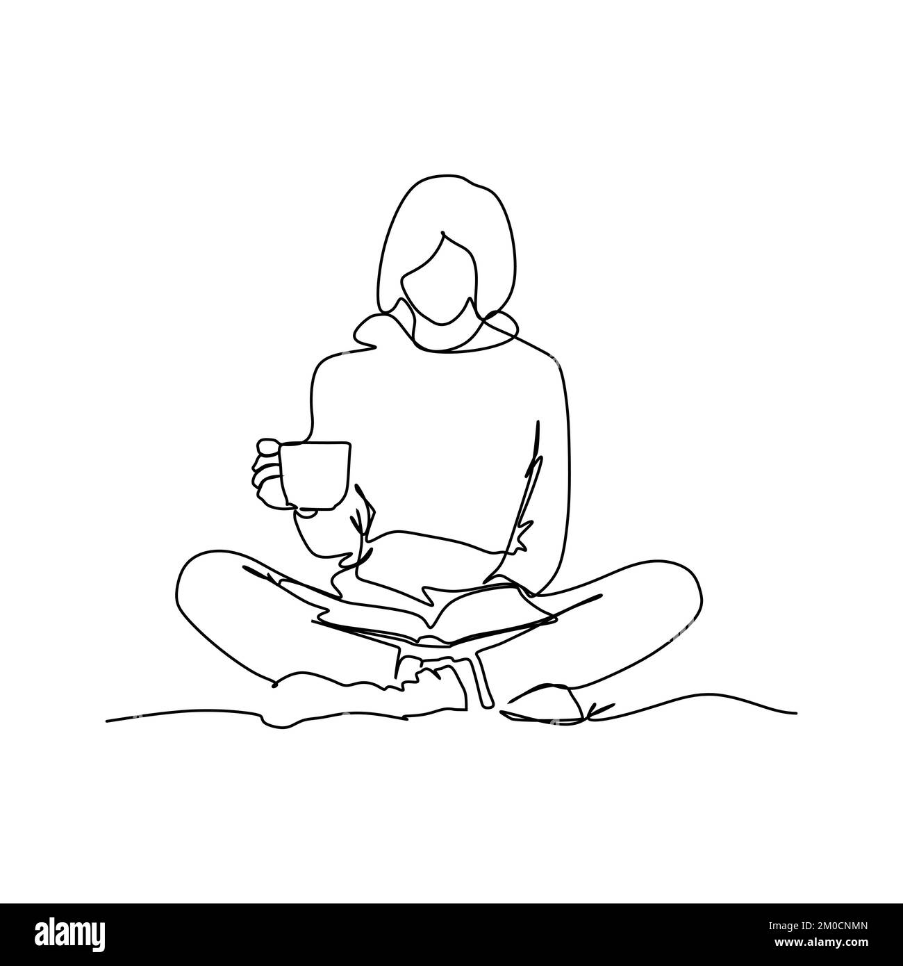 Hygge Lebensstil. Eine Strichzeichnung eines Mädchens macht eine Tasse Kaffee und liest ein Buch. Zeichendesign für eine gemütliche Stimmung und eine angenehme Atmosphäre Stock Vektor