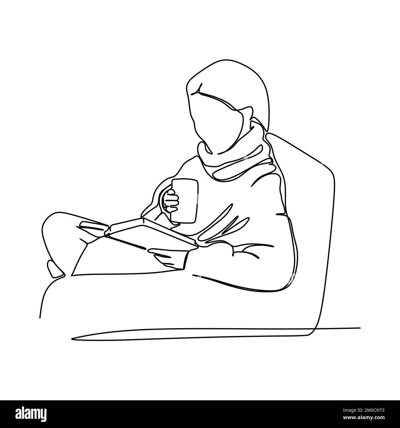 Hygge Lebensstil. Eine Strichzeichnung eines Mädchens, das beim Lesen eine Tasse Kaffee trinkt. Zeichenkonzept für Gemütlichkeit und angenehme Unterhaltung Stock Vektor