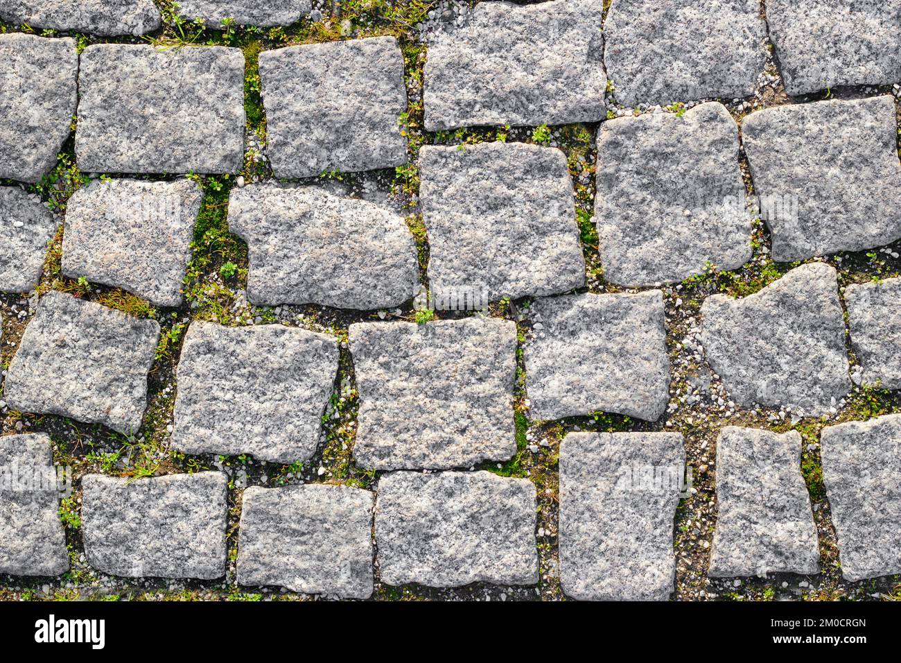 Textur von befestigten Steinstraßen mit Graskeimen zwischen Mauerwerk. Draufsicht Stockfoto
