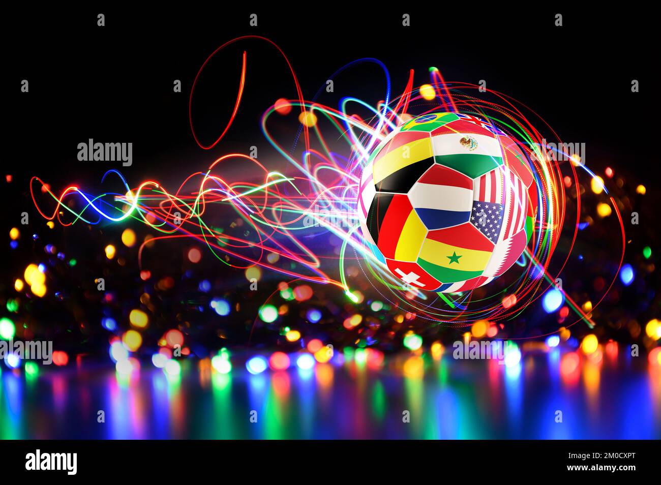 Glühender Fußballfußball mit Nationalflaggen der Mannschaft katar 2022 Stockfoto