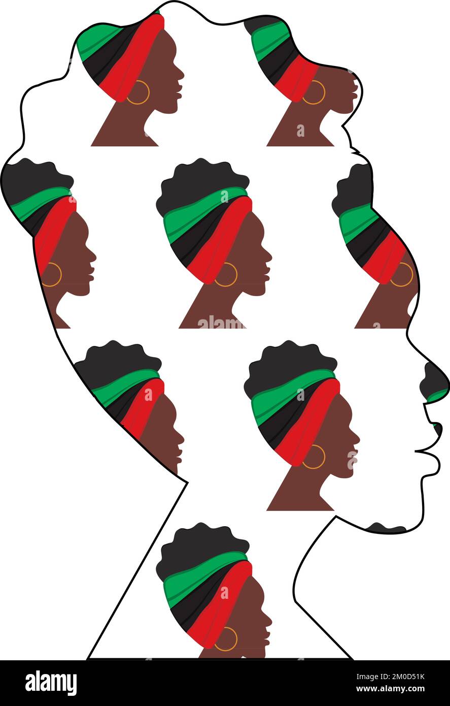 Konturumriss einer Afrikanerin mit Muster aus dem afroamerikanischen Frauenprofil. Konzeptbild. Aufkleber. Symbol. Isolieren. Geeignet für Schriftzeichen, Poster, Banner, Begrüßungen oder Einladungen, Broschüren. EPS Stock Vektor