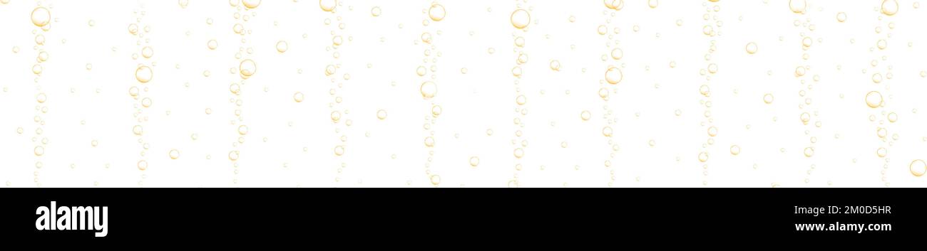 Strömende Goldblasen auf weißem Hintergrund. Kohlensäurehaltiges Wasser. Kohlensäure, Bier, Limonade, Cola, Limonade, Champagner, Seltzer-Muster. Vektor-realistische Darstellung Stock Vektor