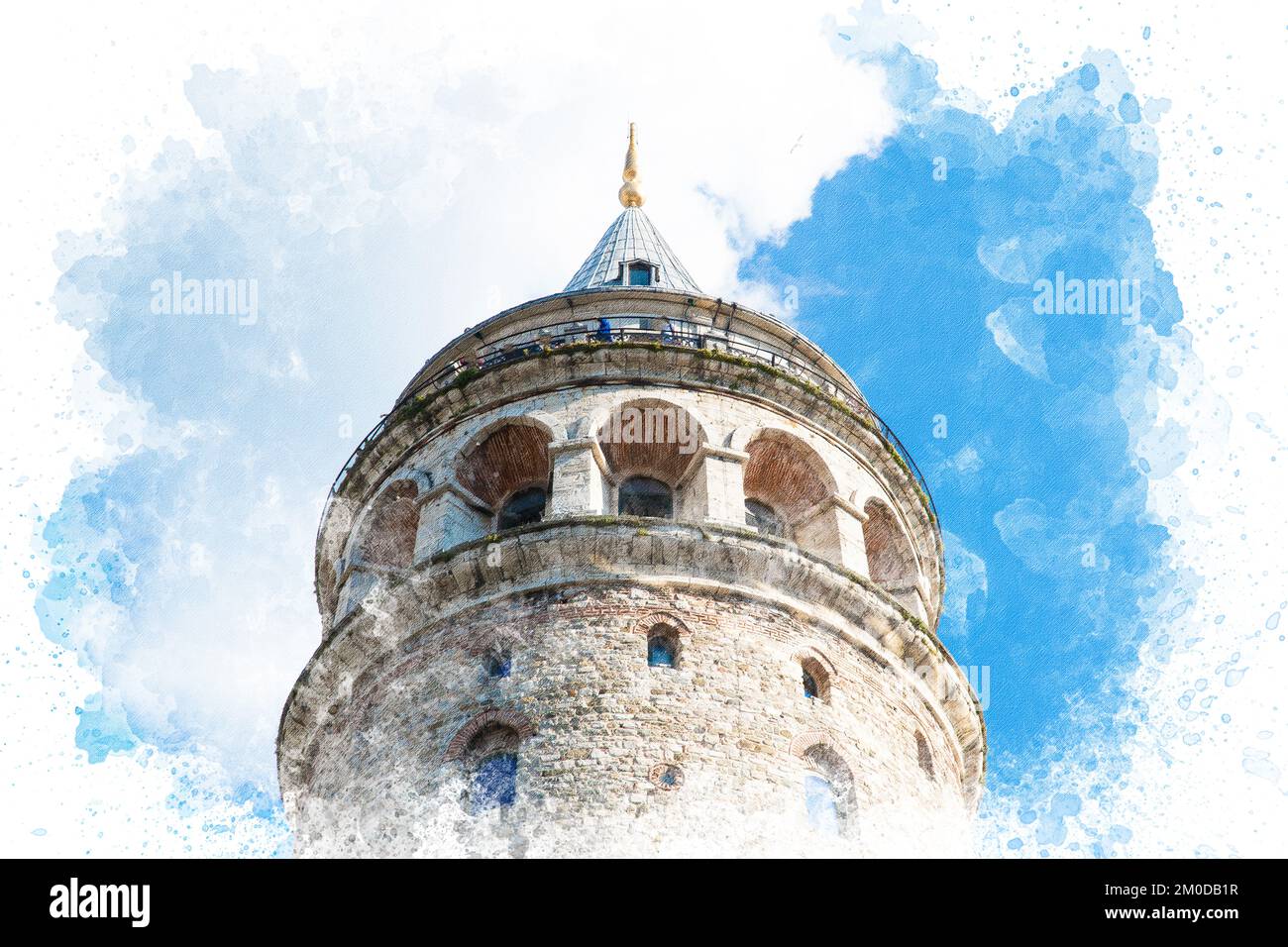 Aquarell-Darstellung des Galataturms in Istanbul Türkei. Reise in die türkei. Touristische Orte in der Türkei Stockfoto