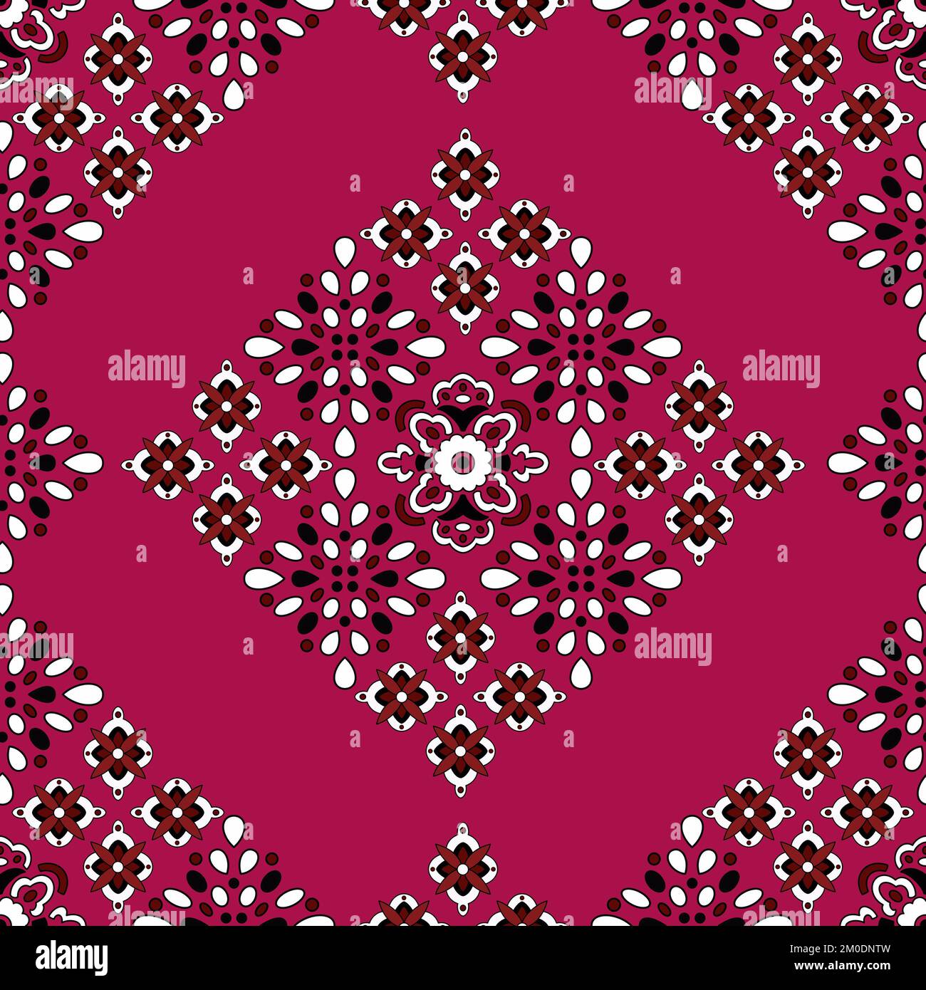 Nahtloses Ajrak-Muster aus Textil. Traditionelles Motiv in Rot, Weiß und Schwarz. Rasterdarstellung mit Sindhi-Muster für Kleidung und Stoffdesign Stockfoto