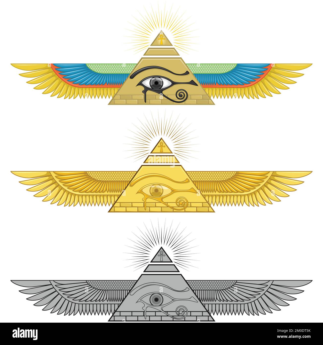 Geflügelte Pyramide Vektor-Design mit Auge des horus, alte ägyptische Pyramide mit Flügeln, geflügelte Pyramide, Auge des horus, ankh Kreuz Stock Vektor