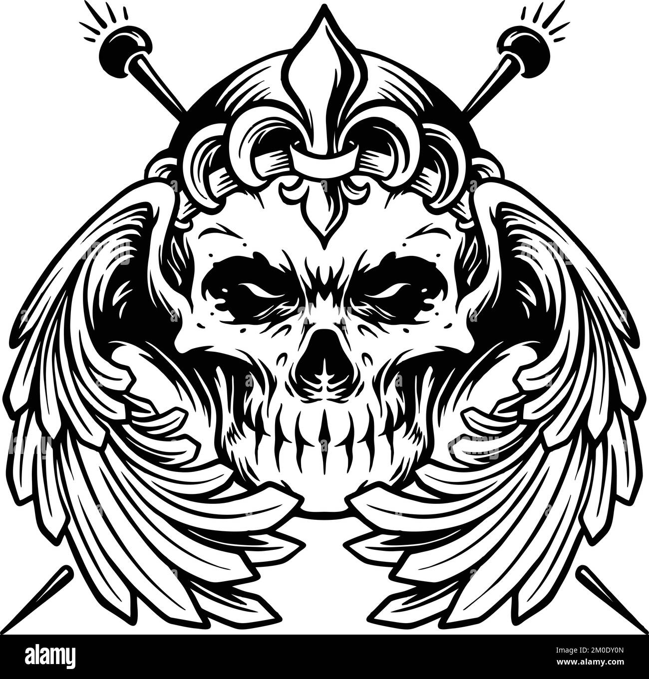 Sugar Skull Muertos mit Wings Logo Gliederung Abbildungen für dein Arbeitslogo, Merchandise-T-Shirt, Aufkleber und Etikettendesigns, Poster Stock Vektor