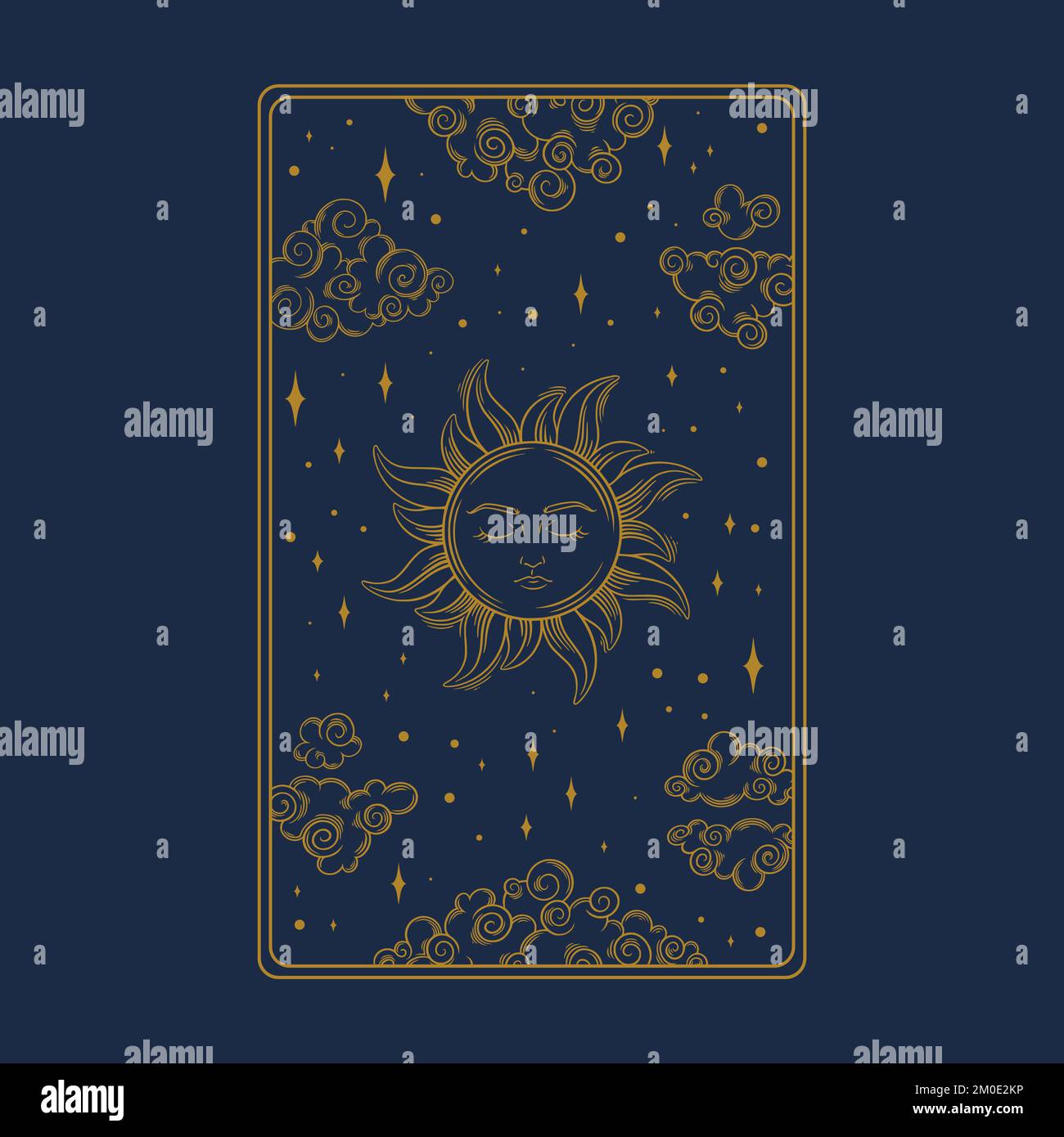 Tarot-ästhetische Karte mit Sonne. Okkultes Tarot-Design für oracle-Kartenabdeckungen. Vektordarstellung isoliert auf blauem Hintergrund Stock Vektor