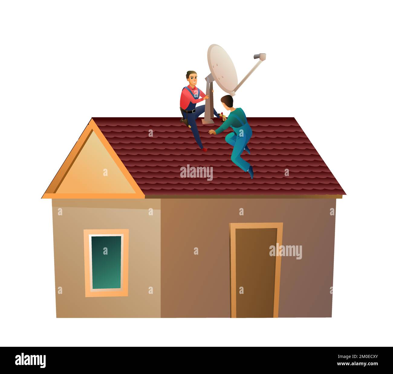 Arbeiter arbeiten auf dem Dach. Zwei Arbeiter installieren eine Satellitenschüssel auf dem Dach. Antenne für Fernseher und Internet. Kleines Haus und zwei Arbeiter. Service Stock Vektor