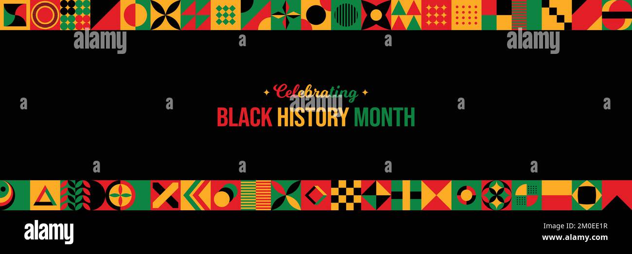 Wir Feiern Den Hintergrund Des Black History Month. Poster zur Bewusstseinsfeier im Februar. Vektordarstellung der horizontalen Website-Header-Banner. Neo Geometrisch Stock Vektor