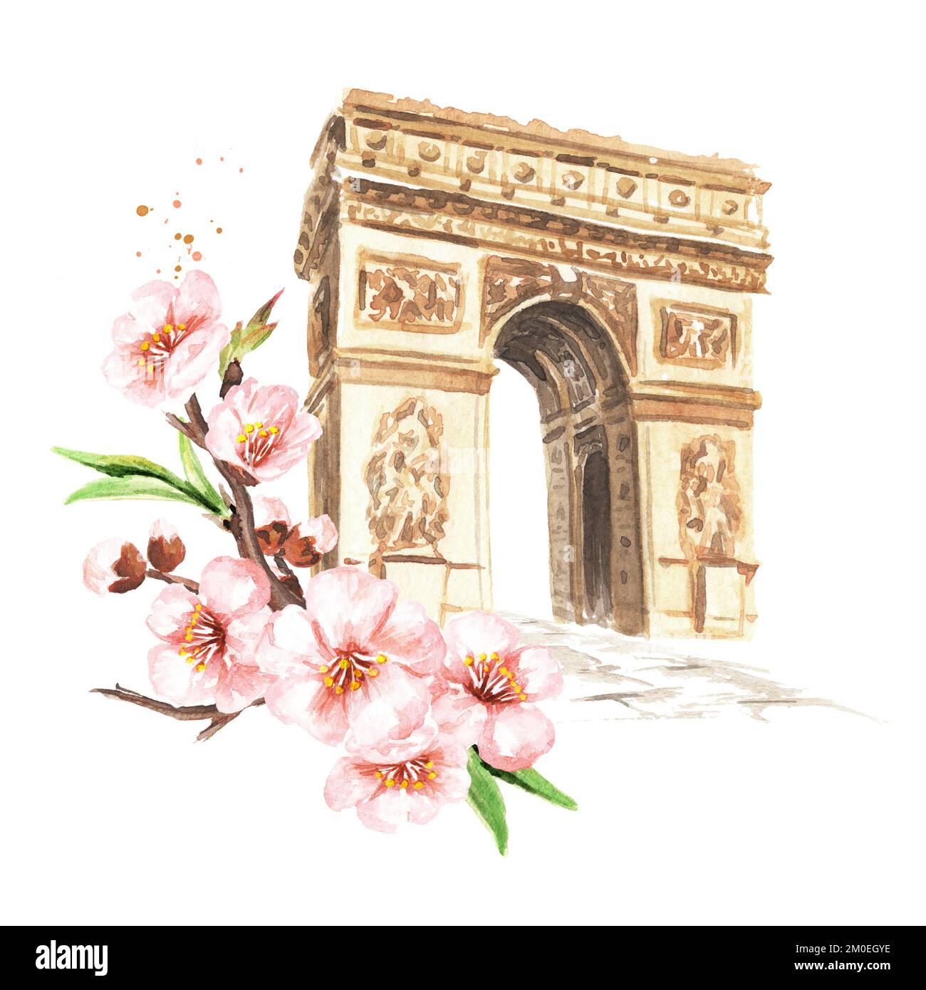 Triumphbogen in Paris und Frühlingsblumen. Willkommen beim Kartenkonzept für Frankreich. Handgezeichnete Aquarelldarstellung isoliert auf weißem Hintergrund Stockfoto