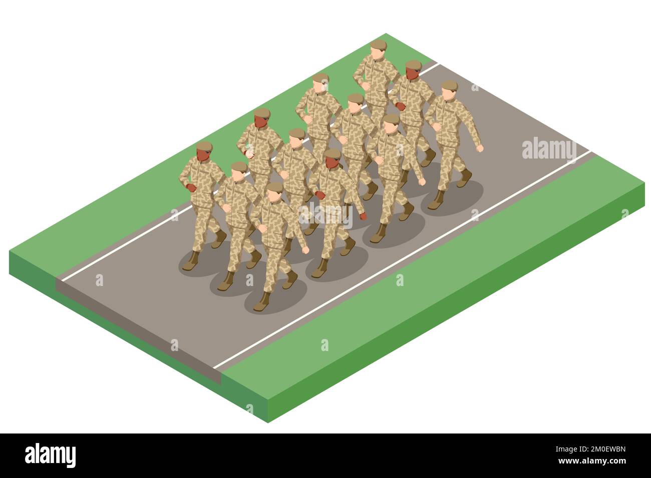 Isometrische Soldaten marschieren. Spezialeinheit. Militärisches Konzept für Armee, Soldaten und Krieg. Militär und RCMP in Uniform und bewaffneter Marsch in A Stock Vektor
