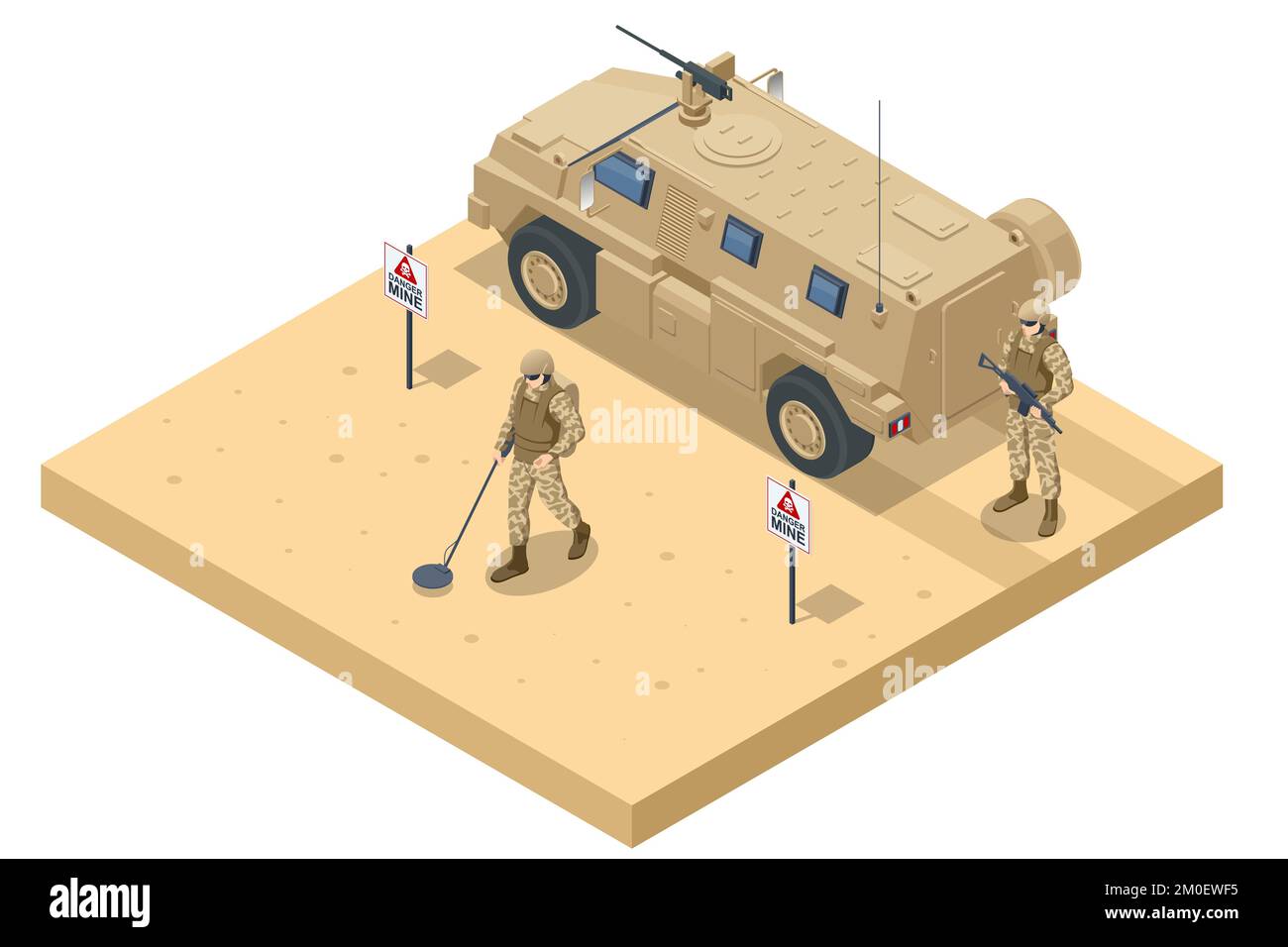 Isometrische Soldiers Mine. Militärische Landminenreinigungsausrüstung. Spezialeinheit. Militärisches Konzept für Armee, Soldaten und Krieg. Militärischer Geländewagen Stock Vektor