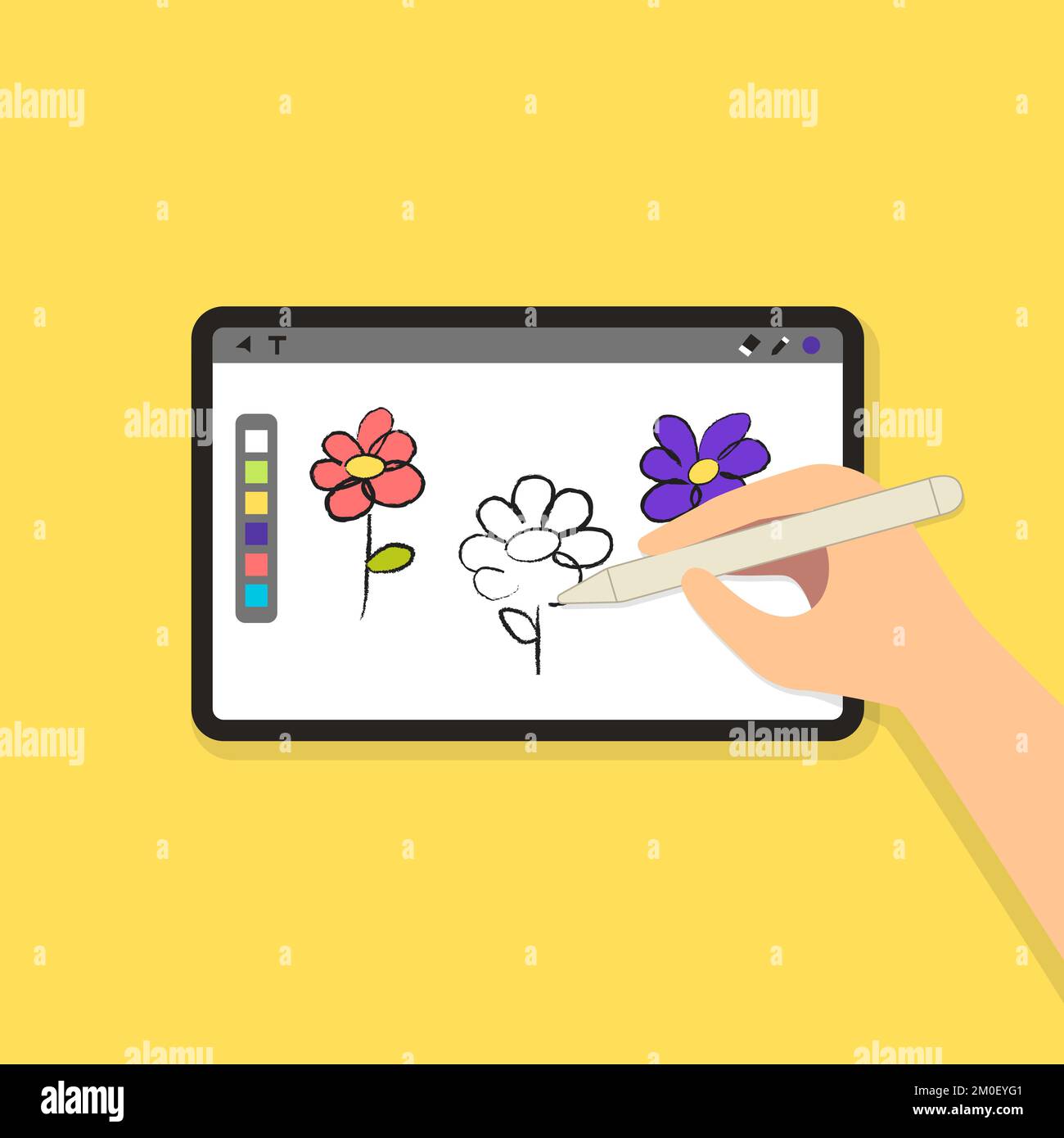 Mit der Hand eine Blume auf einem Tablet mit digitaler Stiftvektordarstellung zeichnen.Kunstkonzept für kreative Aktivitäten. Stock Vektor