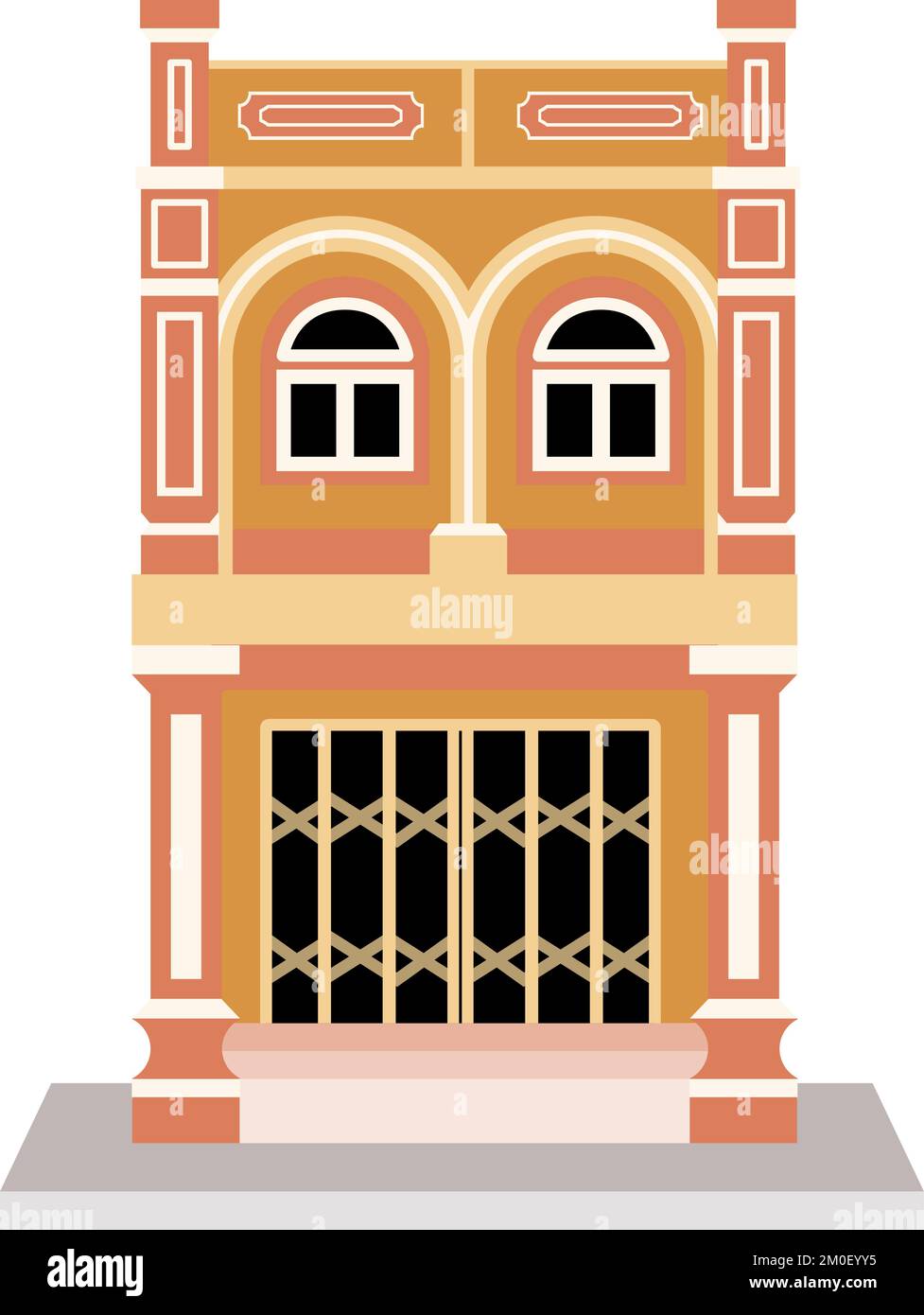 Vintage Shophouse Flachvektordesign. Klassisches Gebäude, isolierter Hintergrund. Thailändische Stadtfassade. Historisches asiatisches Haus Stock Vektor