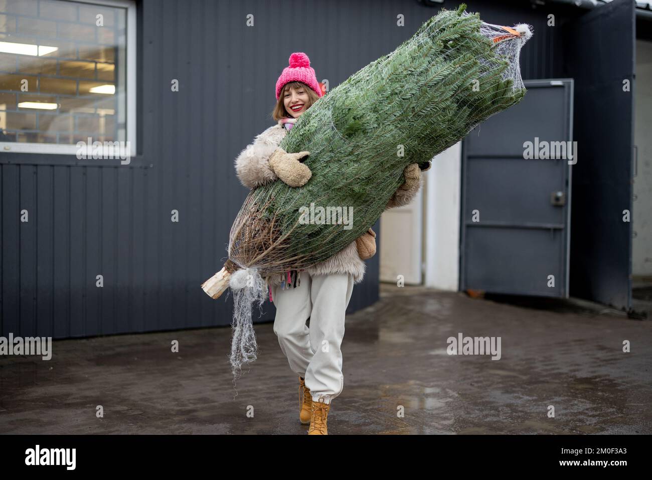 Eine Frau trägt einen eingewickelten Weihnachtsbaum in der Nähe des Lieferbüros Stockfoto