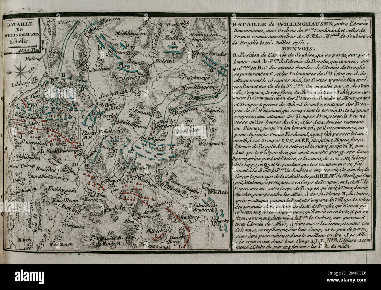 7 Jahre Krieg (1756-1763). Karte der Schlacht von Vellinghausen (15.-16. Juli 1761). Sie fand am Ufer der Lippe in Nordwestdeutschland statt. Er stellte sich der von Prinz Ferdinand von Brunswick angeführten preußisch-hanoverisch-britischen Armee gegen die französische Armee unter dem Kommando des Duc de Broglie und des Prinzen Soubise. Die französische Truppe musste sich zurückziehen. Veröffentlicht im Jahr 1765 vom Kartografen Jean de Beaurain (1696-1771) als Illustration seiner Großen Karte Deutschlands mit den Ereignissen, die während des Siebenjährigen Krieges stattfanden. Alliierte Armee in Rot und französische Armee in Blau. Ätzen und Stockfoto