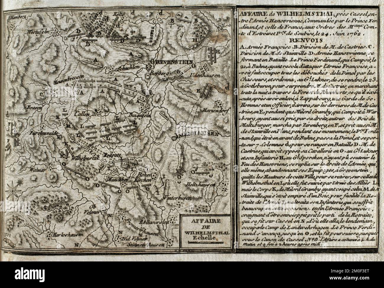 7 Jahre Krieg (1756-1763). Schlacht von Wilhelmsthal (24. Juni 1762). Die alliierte Armee (Briten, Preußen, Hessen und Brunswickianische Truppen) unter der Führung von Feldmarschall Herzog Ferdinand von Brunswick, Prinz von Brunswick-Lüneburg (1721-1792), kämpfte gegen die Franzosen unter dem Kommando von Charles de Rohan, Prinz de Soubise (1715-1787). Die Franzosen mussten sich zurückziehen, was zu einem Sieg der Alliierten führte. Die Karte wurde 1765 vom Kartografen Jean de Beaurain (1696-1771) als Illustration seiner Großen Karte Deutschlands mit den Ereignissen während des Siebenjährigen Krieges veröffentlicht. Gravur. Französische Ausgabe Stockfoto