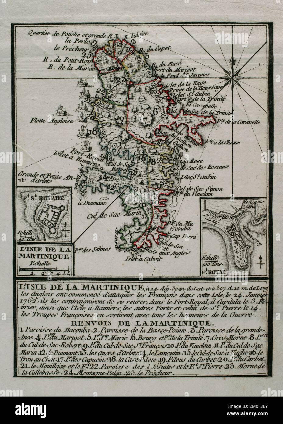 Martinique, 1762. Insel, die von den Briten während des Siebenjährigen Krieges (1756-1763) von den Franzosen eingenommen wurde und von 1762 bis 1763 in ihrem Besitz blieb. Die Briten begannen am 24. Januar 1762, die Franzosen auf der Insel anzugreifen und zwangen sie, sich in die Hauptstadt Fort-Royal zurückzuziehen. Die Franzosen kapitulierten am 3. Februar. Am 12. Februar stand die ganze Insel unter britischer Kontrolle. Die Karte wurde 1765 vom Kartografen Jean de Beaurain (1696-1771) als Illustration seiner Großen Karte Deutschlands mit den Ereignissen während des Siebenjährigen Krieges veröffentlicht. Alliierte Armee in Rot und französische Armee in Bl Stockfoto