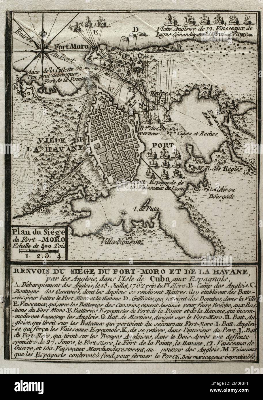 7 Jahre Krieg (1756-1763). Karte der Belagerung von Fort Morro, 1762. Insel Kuba. Gefangennahme von Havanna. Die englischen Truppen griffen die spanische Verteidigung an, als sie in einen Konflikt mit der spanischen Krone gerieten, nach dem Bündnis Spaniens mit Frankreich, Englands Feind. Die britischen Truppen landeten am 13. Juli 1762 auf der Insel und eroberten sie im August. Veröffentlicht im Jahr 1765 vom Kartografen Jean de Beaurain (1696-1771) als Illustration seiner Großen Karte Deutschlands mit den Ereignissen, die während des Siebenjährigen Krieges stattfanden. Gravur. Französische Ausgabe, 1765. Militärhistorische Bibliothek von Barcelona (Bibliote Stockfoto