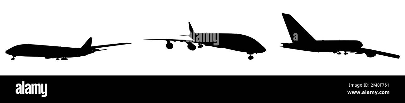 Konzeptioneller Satz aus drei fliegenden schwarzen Passagierjetlinern oder kommerziellen Flugzeugen, isoliert auf weißem Hintergrund. 3D Abbildung für Düsentransport Stockfoto