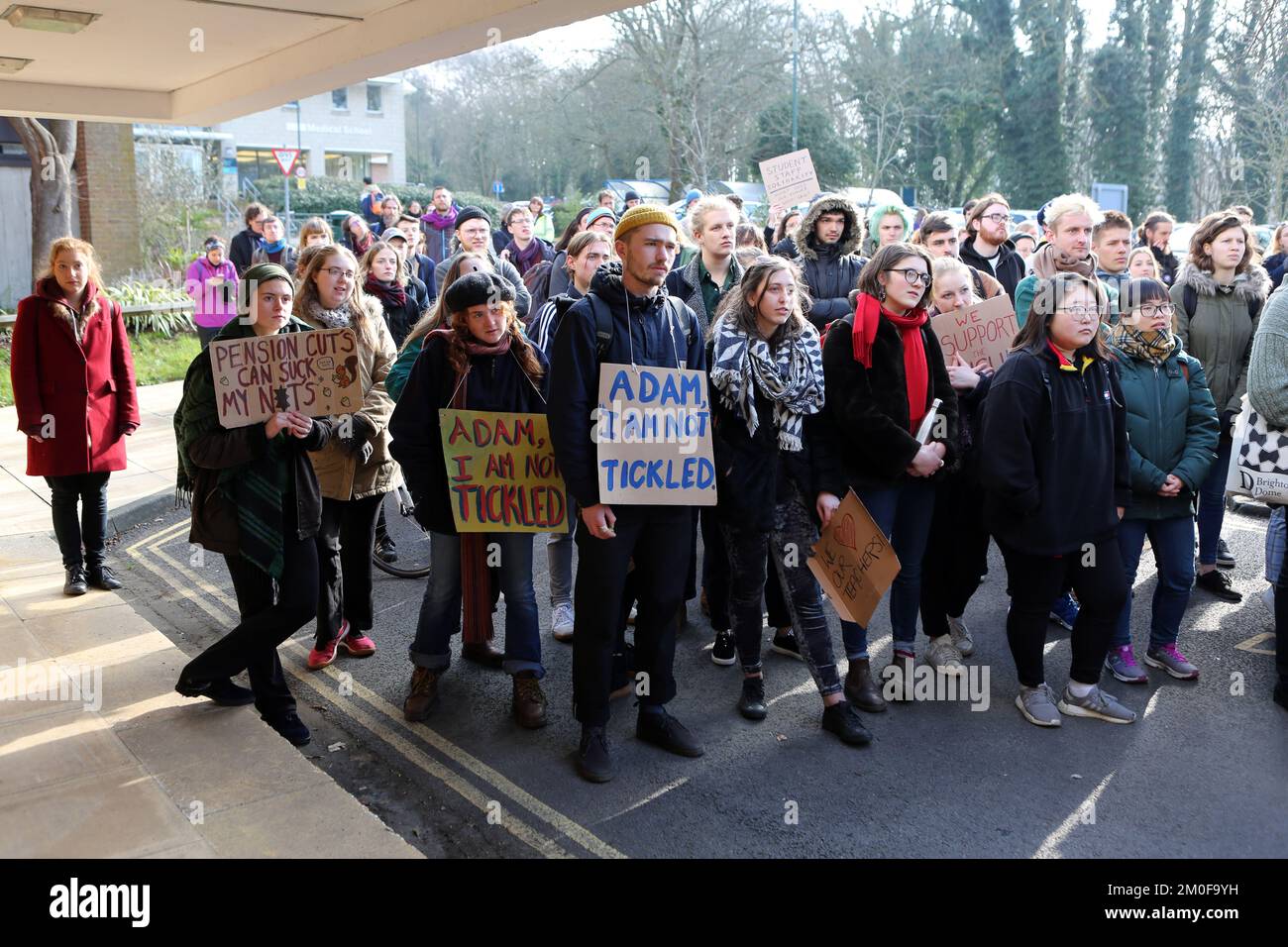 Studenten protestieren bei einem Streik an der Universität von Sussex in Falmer in der Nähe von Brighton gegen Arbeitnehmerrechte und Rentenkürzungen. Stockfoto