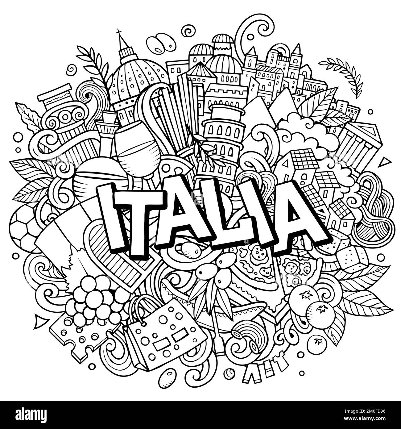 Italia handgezeichnete Cartoon-Kritzeleien Illustration. Witziges Reisedesign. Stock Vektor