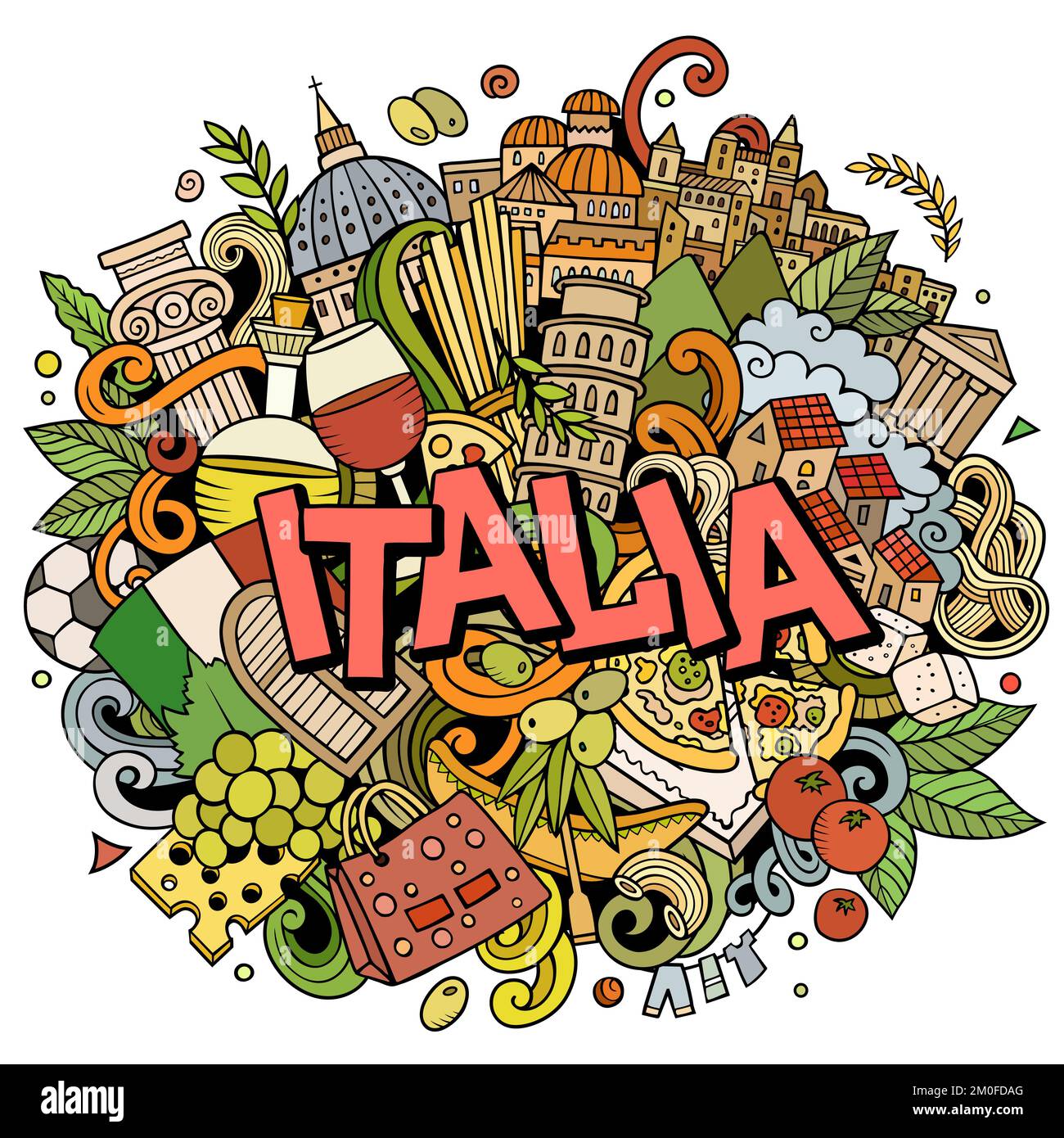 Italia handgezeichnete Cartoon-Kritzeleien Illustration. Witziges Reisedesign. Stock Vektor