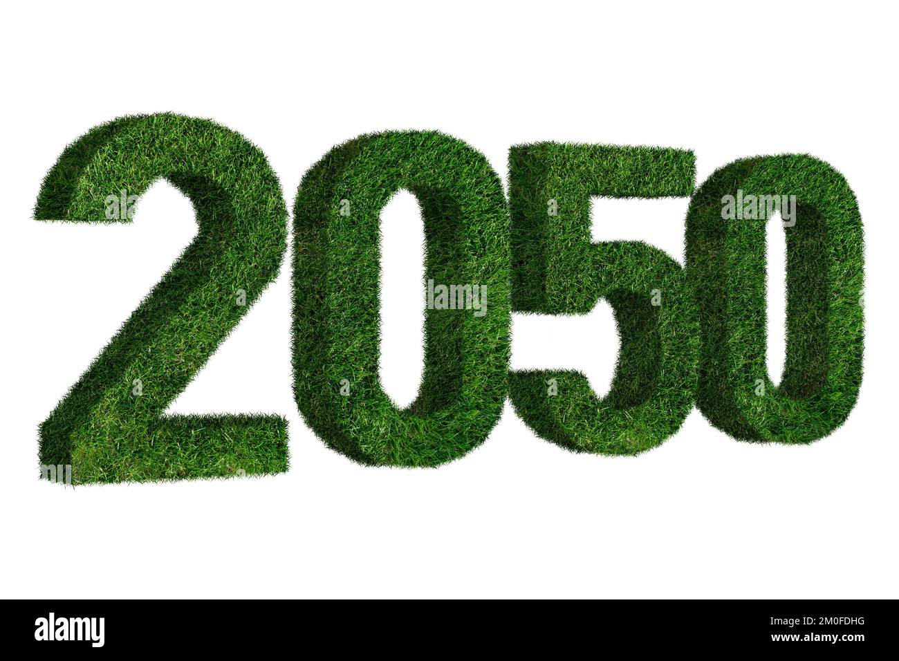 Zahlen 2050 aus Gras. Ein Symbol für nachhaltige Entwicklung und den vollständigen Übergang zu erneuerbaren Energien bis zum Jahr 2050. Stockfoto