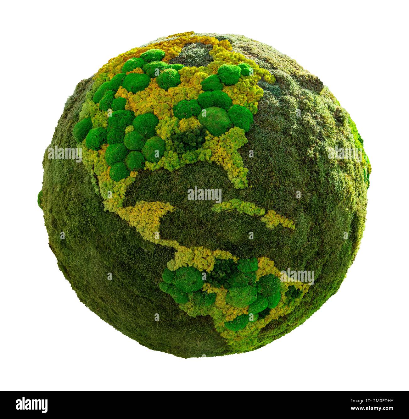 Grüner Planet Erde aus Moos. Symbol für nachhaltige Entwicklung und erneuerbare Energien Stockfoto