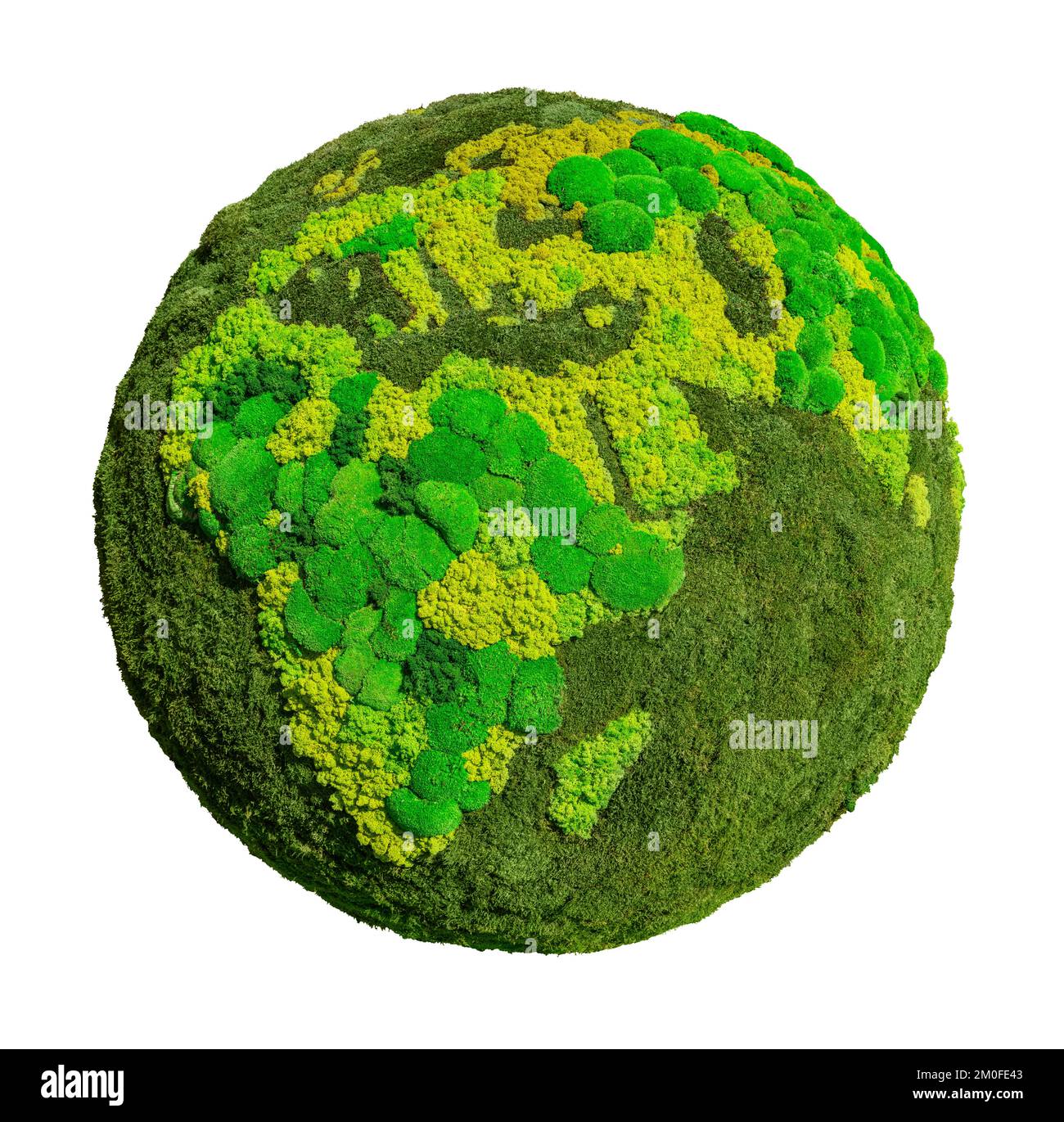 Grüner Planet Erde aus Moos. Symbol für nachhaltige Entwicklung und erneuerbare Energien Stockfoto