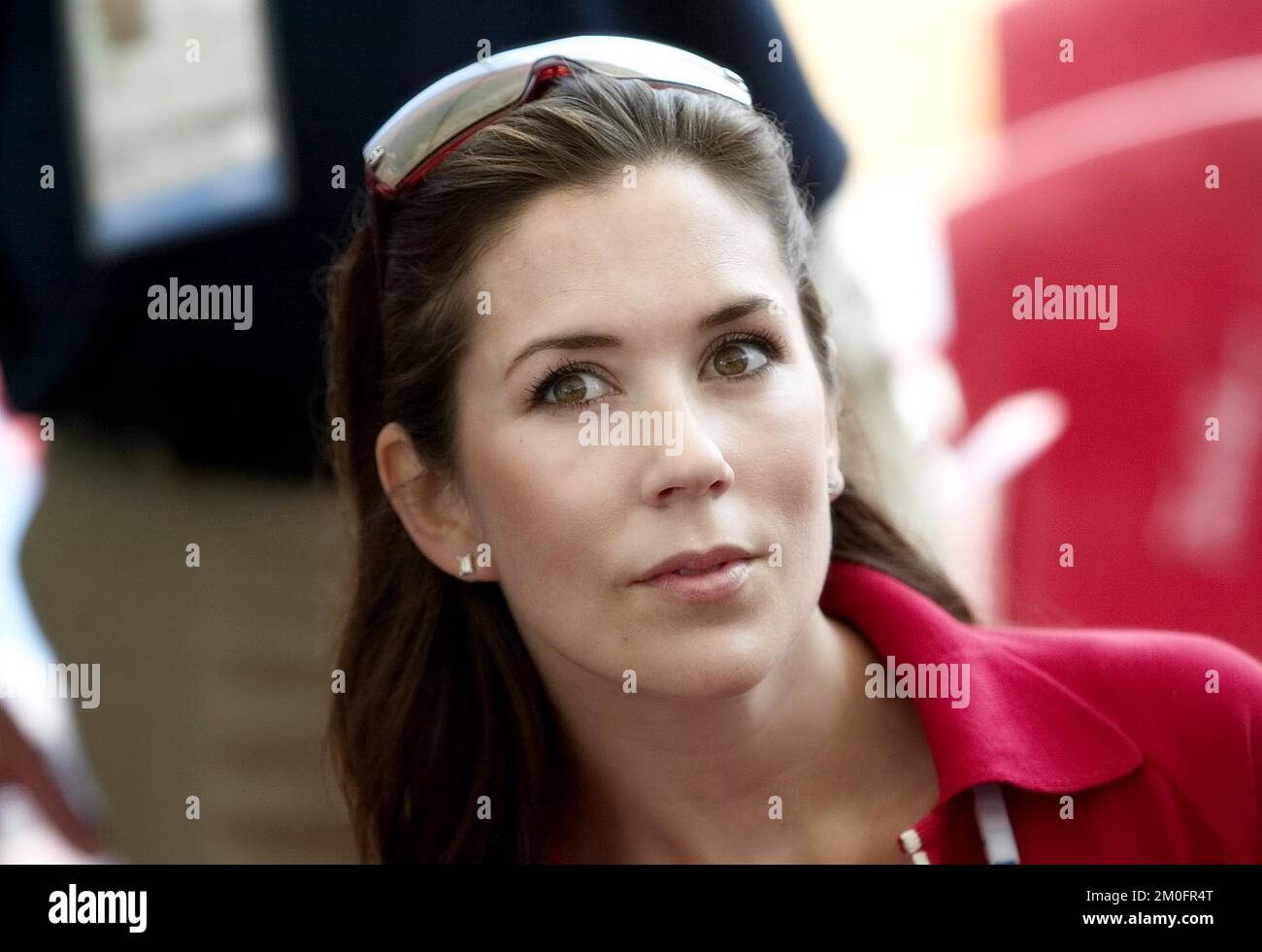 Die dänische Kronprinzessin besucht das Lager der dänischen Athleten in der olympischen Stadt, wo sie eine Pressekonferenz abhält. Stockfoto