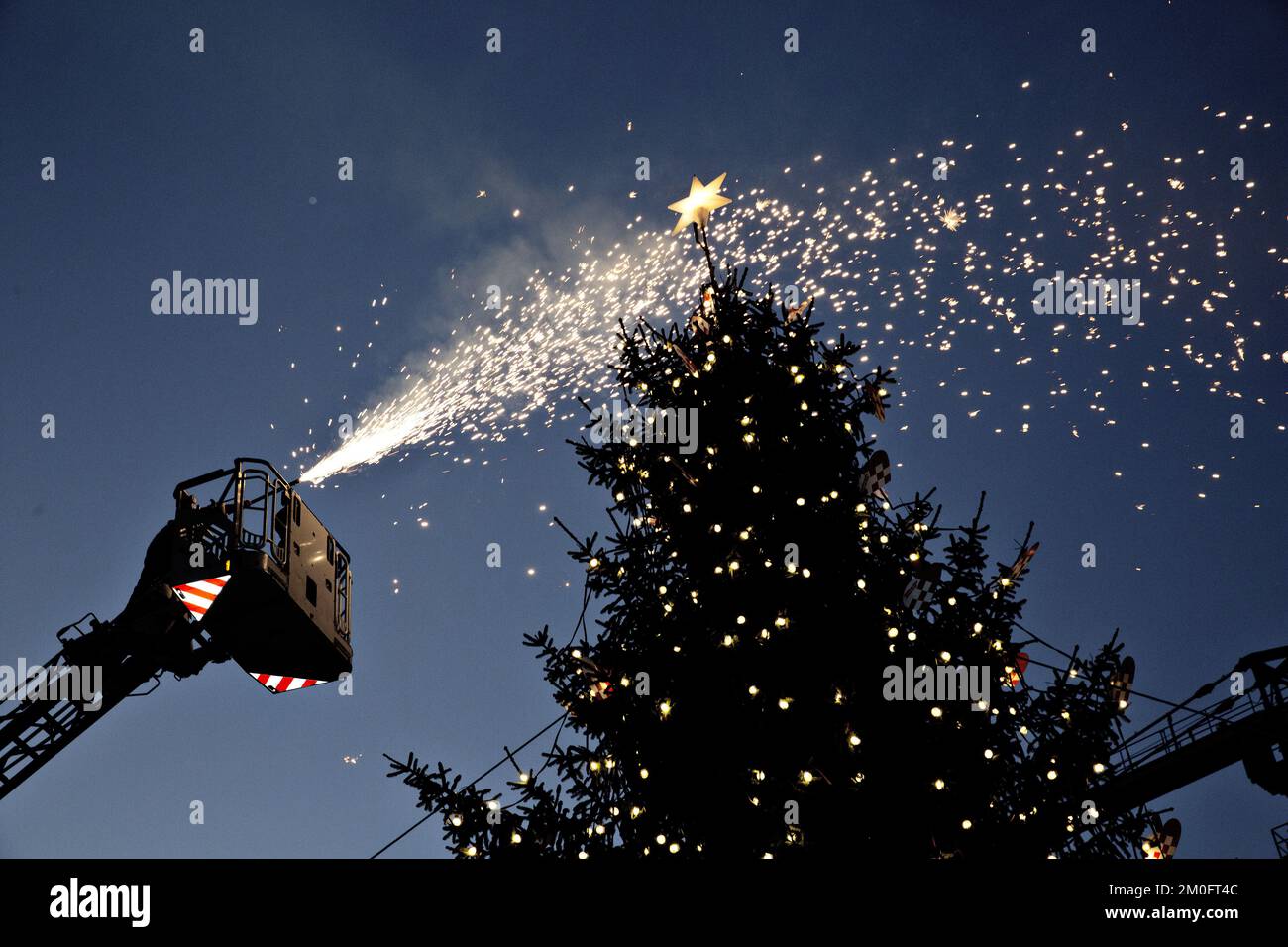 Die Kronprinzessin Mary schaltet die Lichter des Weihnachtsbaums am Rathausplatz in Kopenhagen, Dänemark, ein. Stockfoto