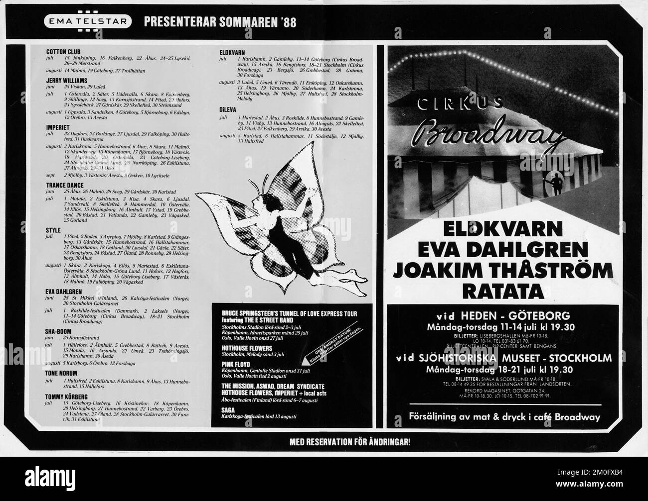 Bruce Springsteen Tunnel Of Love Express Tour 1988 Uhr. Broschüre und Flyer, erstellt von den Reiseveranstaltern EMA Telstar für drei Konzerte im Olympiastadion in Stockholm im Juli 1988 und Juni 1989. Produziert für Musiker, Straßenbesatzungen, Techniker und alle, die an der Aufführung der Show beteiligt sind. Es enthält jede Menge detaillierter Informationen zu Kontakten, Sicherheit, Hotels, sowie genaue Zeitangaben der Veranstaltung, lokale Restaurants und sogar eine Karte der Gegend. Stockfoto