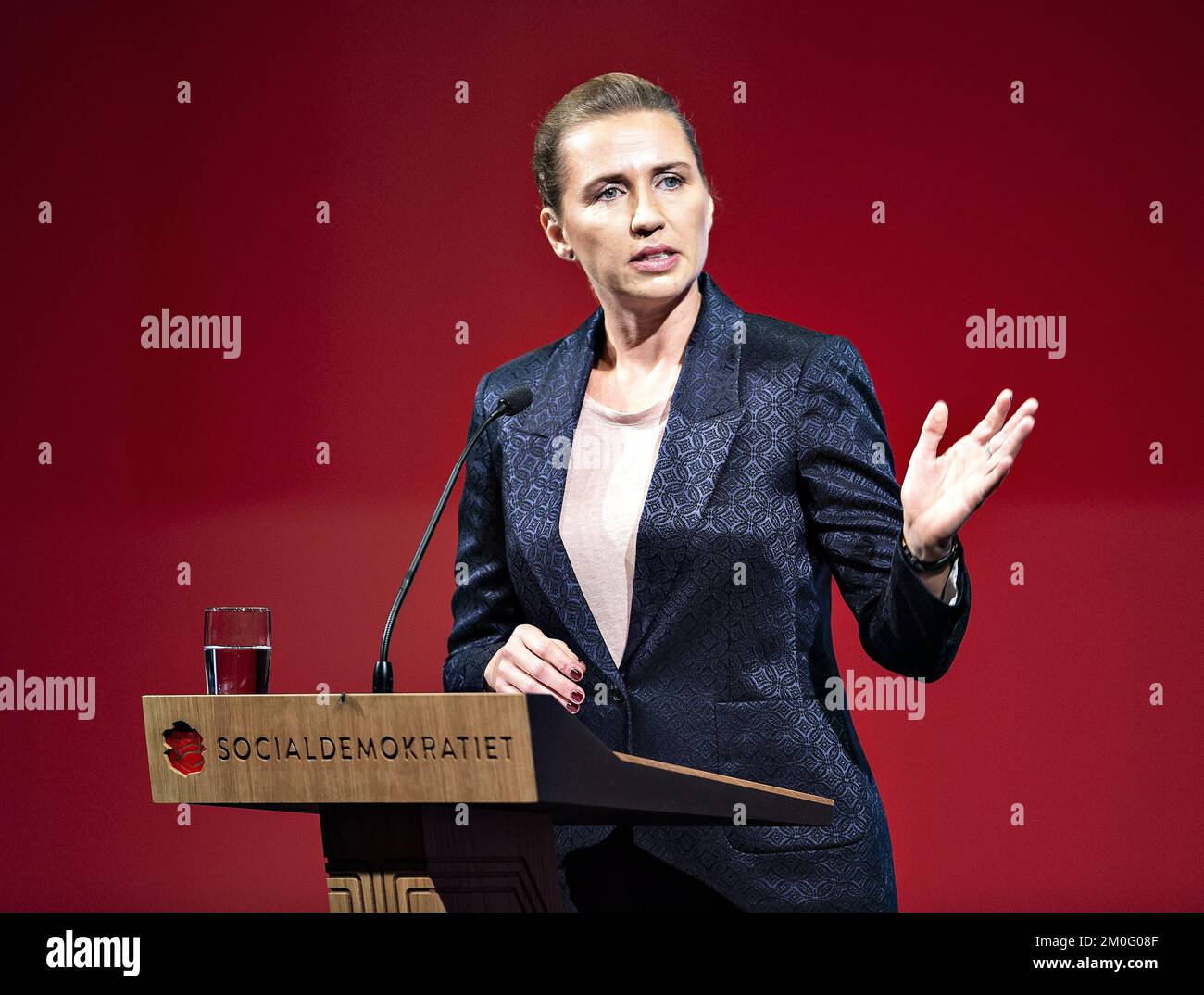 Die Vorsitzende Mette Frederiksen wird hier auf der Bühne des sozialdemokratischen Kongresses im Aalborg Congress and Culture Center gesehen, Samstag, den 22. September 2018 .. (Foto: Henning Bagger / Ritzau Scanpix) Stockfoto