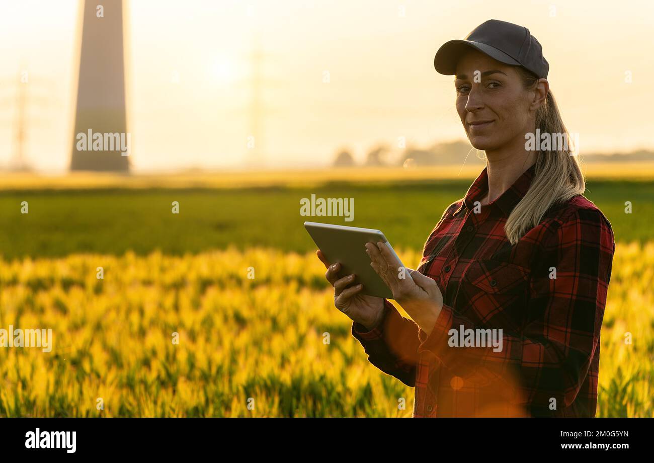 Glückliche Landwirtin untersucht das Getreidefeld und sendet Daten vom Tablet in die Cloud. Konzeptbild „Intelligente Landwirtschaft und digitale Landwirtschaft“ Stockfoto