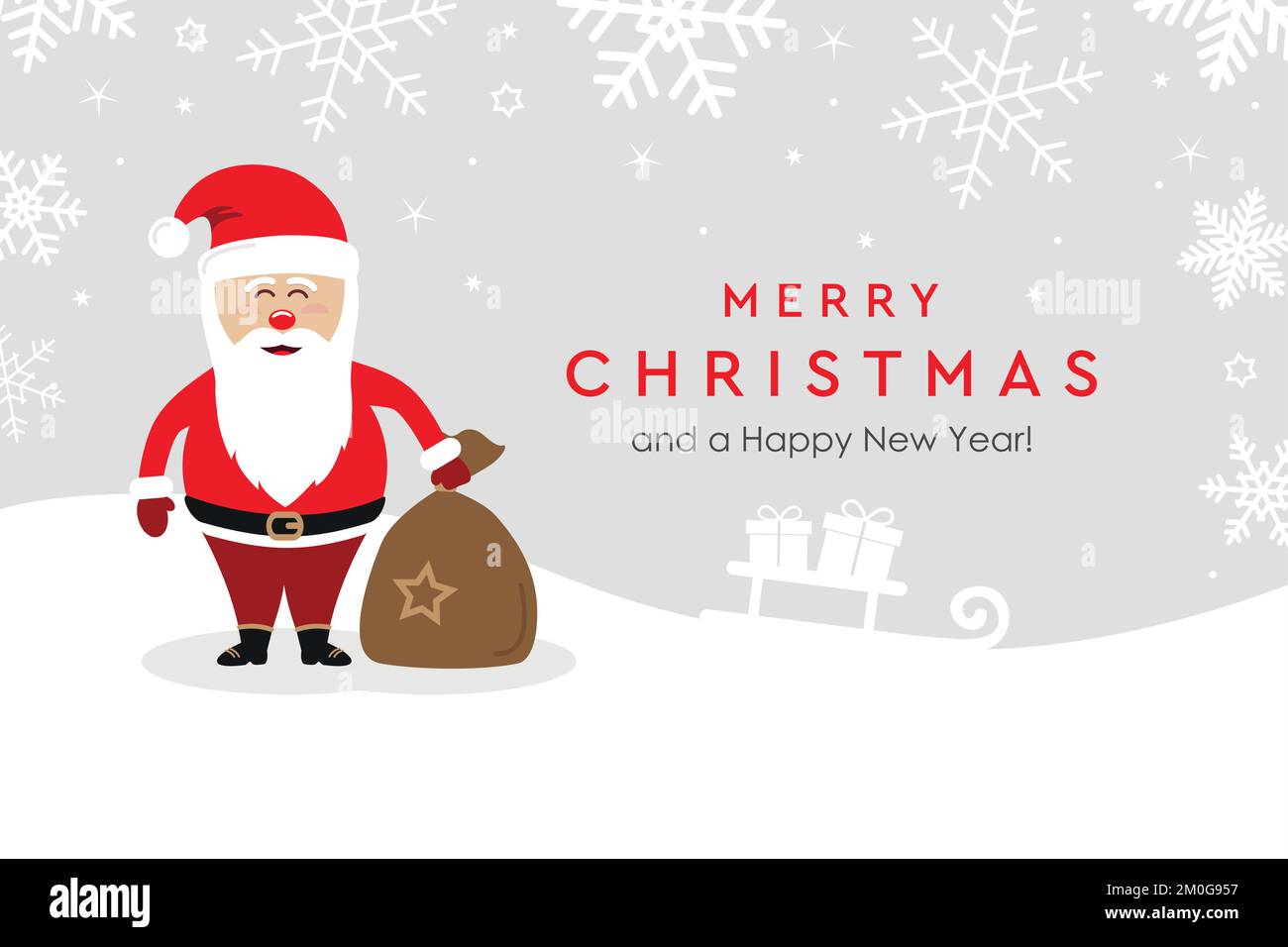 weihnachtsgrußkarte mit niedlichem weihnachtsmann auf verschneitem Hintergrund Stock Vektor