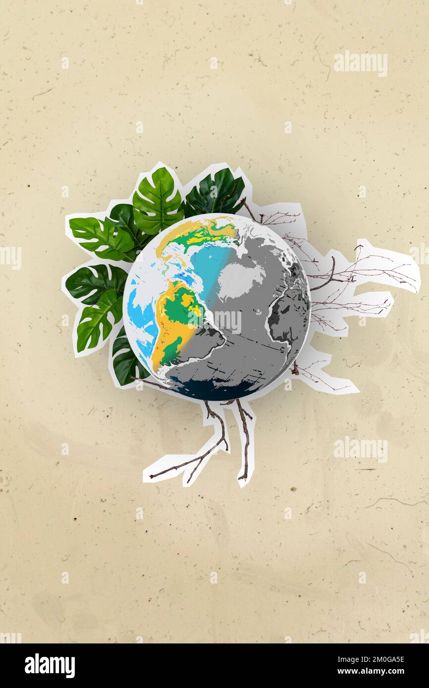 Collage-Foto-Poster des ökologischen Totenkonzepts Halbplanet Erde Sterbendes Dessert Umwelt-Metallproblem-Wachstumspflanze isoliert auf beigem Hintergrund Stockfoto
