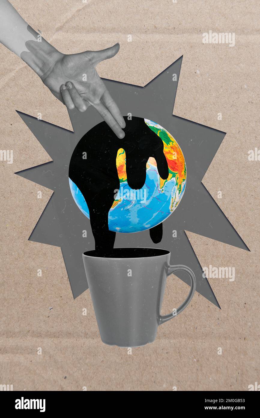Collage Foto ökologische Katastrophe Probleme Umwelt sterbende Pistole Symbol Finger Öl Tropfen in Becher Erde isoliert auf beige Stockfoto