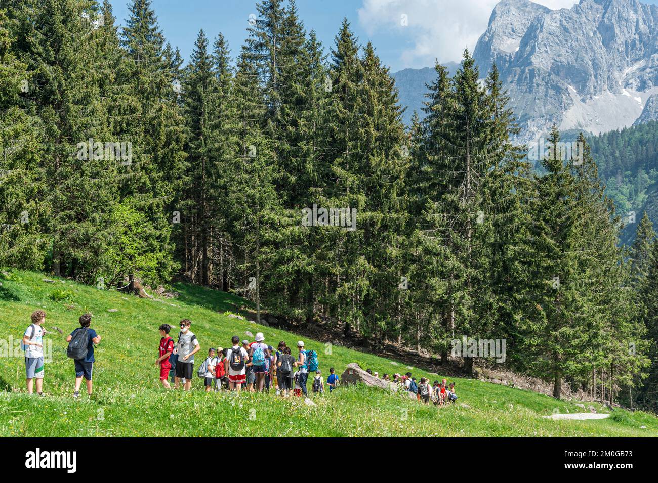 Schuljunge auf einer Reise, valcanale, italien Stockfoto