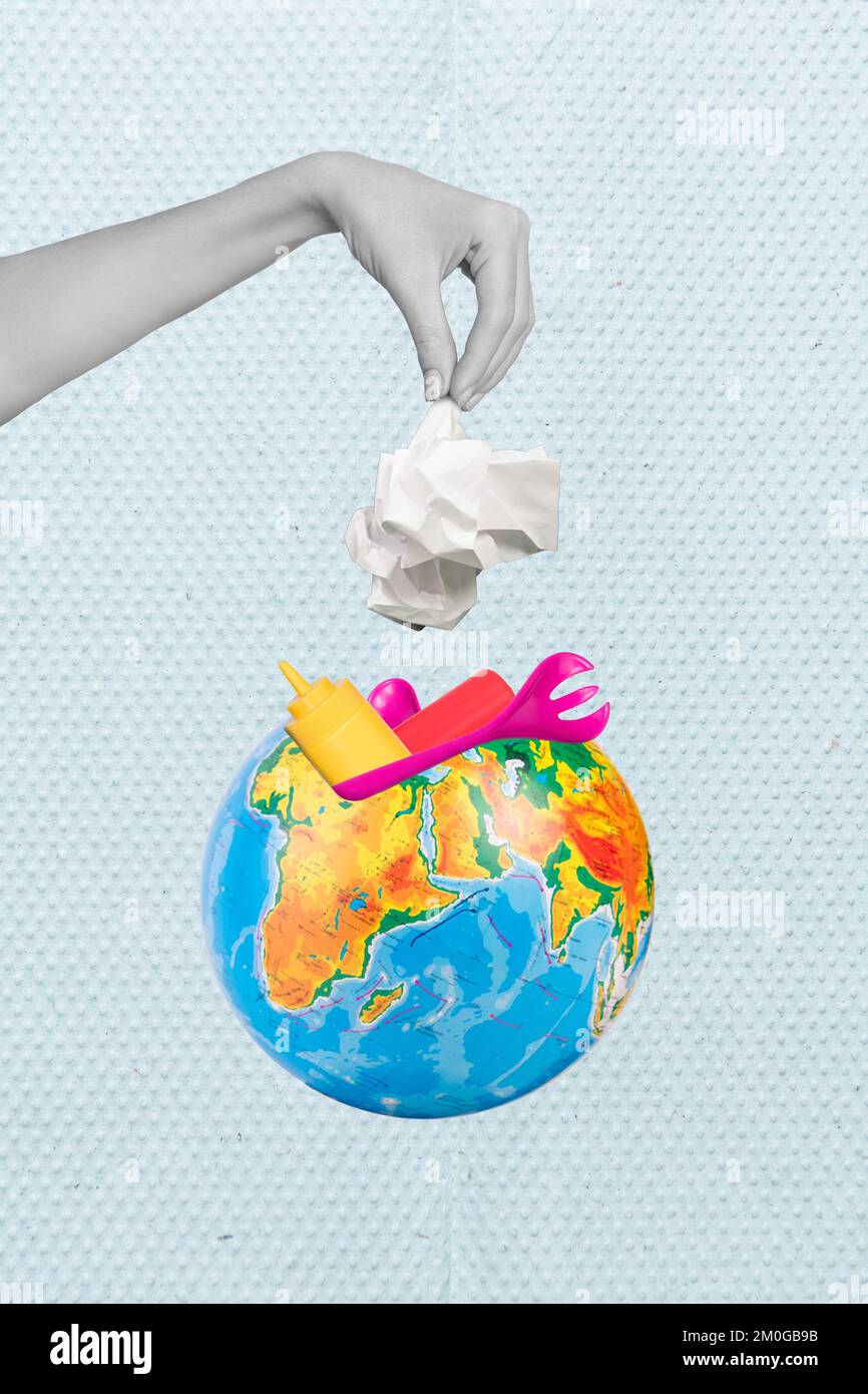 Collage Foto von Werfen Hand halten Papier Müll Verschmutzung Erde Planet Plastik Katastrophe helfen Welt Banner isoliert auf lackiertem Hintergrund Stockfoto