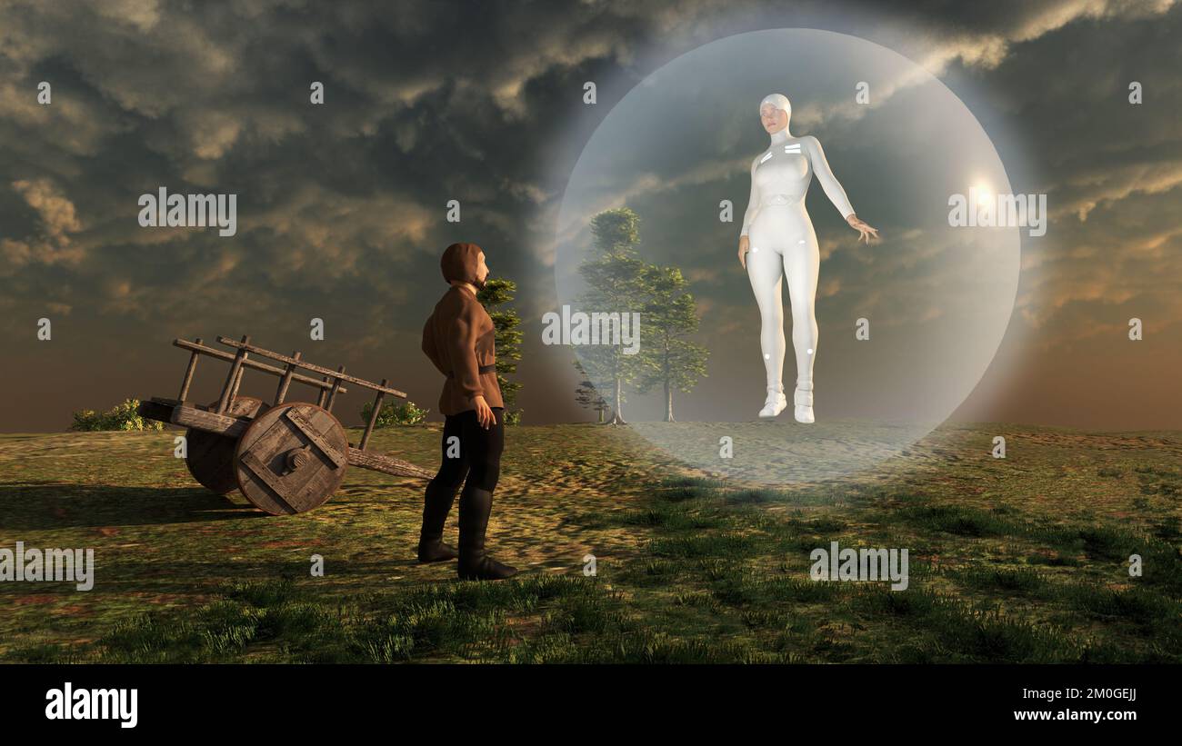 Ein Zeitreisender, der sich einem mittelalterlichen Bauern anpasst Stockfoto