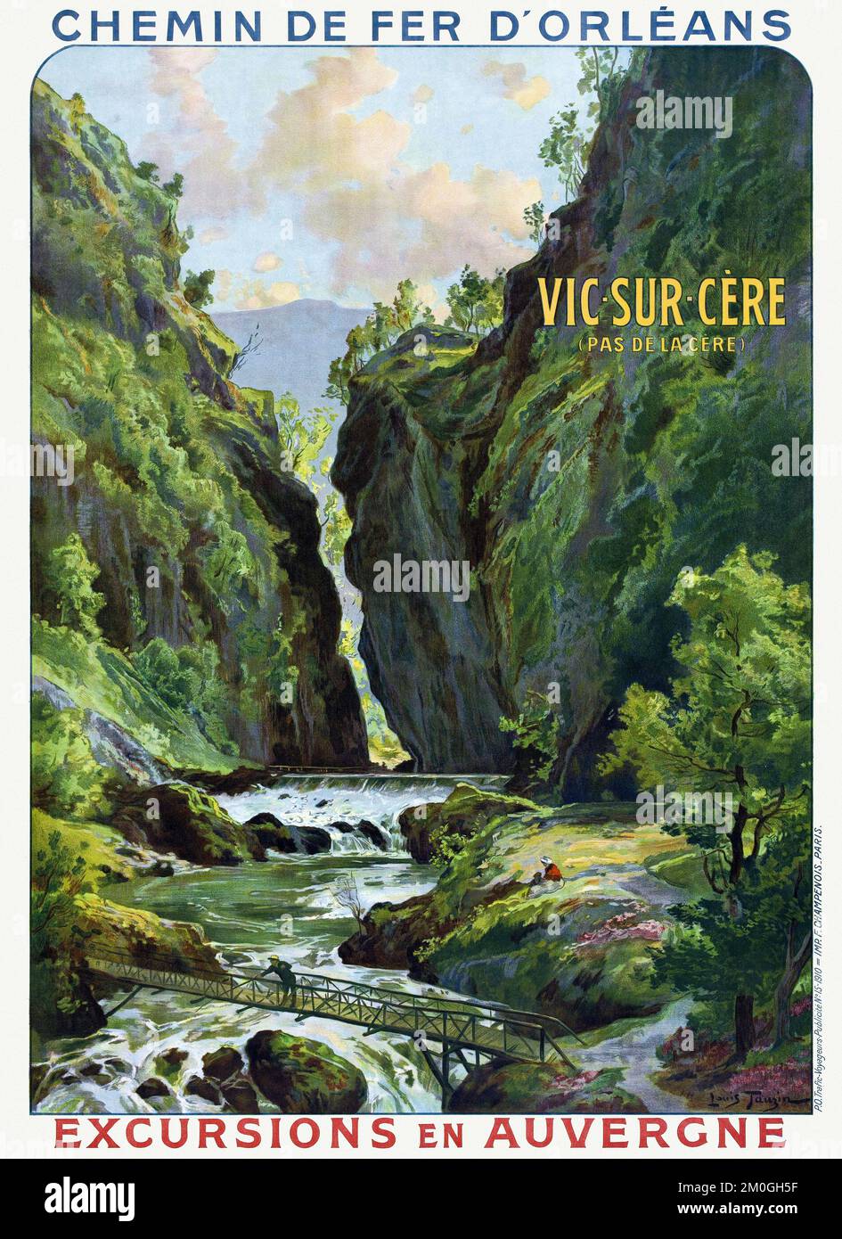 Chemins de fer d'Orléans. VIC-sur-Cère (Pas de la Cère) Ausflüge in die Auvergne von Louis Tauzin (1842-1915). Poster wurde 1910 in Frankreich veröffentlicht. Stockfoto
